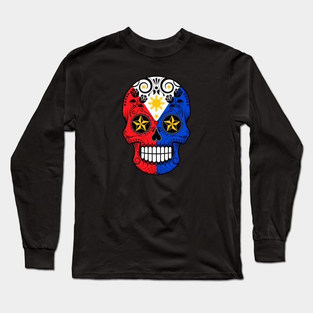 Filipino Flag Sugar Skull with Roses Long Sleeve T-Shirt by jeffbartels